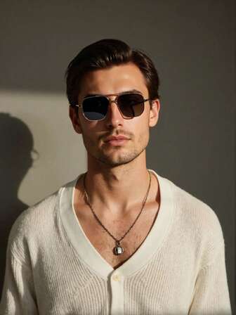 1pc Men's Retro Fashion Glasses Metal Double Bridge Classic Aviator Frame