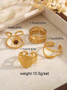 4pcs/Set Fashionable & Elegant 18K Gold Plated Stainless Steel Star Sunflower Flower Open Rings, Suitable For Women's Daily Wear