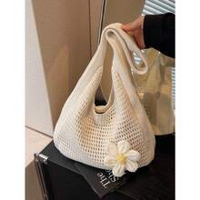 [Free Shipping] Boho Crochet Beach Bag, Woven Straw Tote For Women, Handmade Style Vacation & Market Bag, Lightweight For Seaside, Picnic, Shopping, And Summer Holiday , Crochet - 米色 - 查看 2