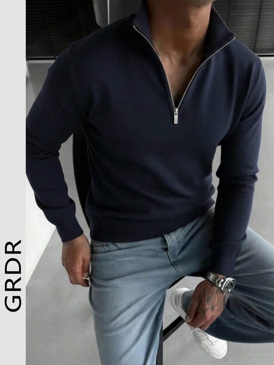 GRDR Men's Casual Long Sleeve Half Zip Pullover Sweater, Versatile For Daily Wear - Navy Blue - View 1