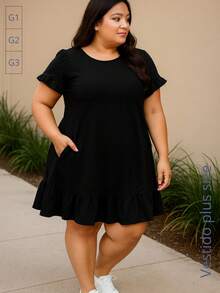 Plus Size Printed Dress With Pocket And Ruffle - màu đen - Xem 3