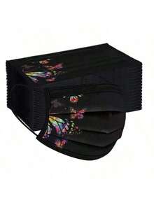 10 piezas Máscara facial de tela no tejida elegante y transpirable con estampado de mariposa negra, máscara protectora de moda para uso diario de mujeres - Multicolor - Ver 4