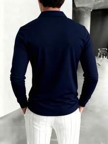 GRDR Men's Fashionable Casual Commuting Long Sleeve Polo Shirt - Navy Blue - View 2