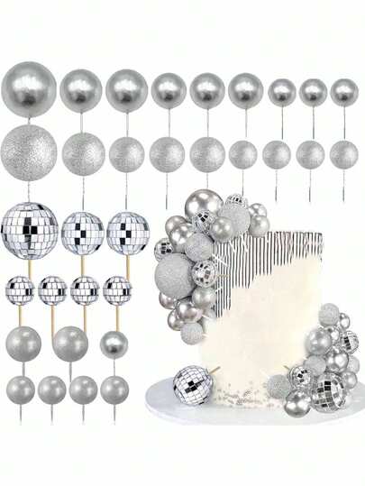29个银色泡沫球蛋糕装饰，波西米亚风蛋糕装饰，银色糖屑银色泡沫球蛋糕装饰，迪斯科球蛋糕装饰，镜面激光球，适用于洗礼、性别揭晓派对、生日派对、结婚纪念日、男女单身派对蛋糕装饰，也适用于迪斯科主题派对蛋糕装饰
