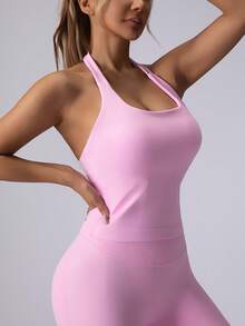 无缝长款吊带运动背心 女款 内置胸垫 可拆卸胸垫 运动瑜伽背心 - 粉色 - 查看 14