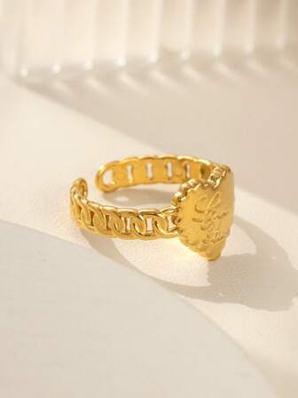 1pc Vintage Style Gold Heart Letter Chain Open Ring, Niche Design, Adjustable Personalized Jewelry