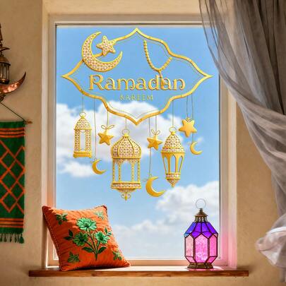 1pc Islamic Crescent Lantern Glass Sticker, PVC Electrostatic Adsorption Adhesive Free, Bedroom Foyer Decoration/Restaurant Festival Atmosphere/Eid Al Fitr Party Decoration