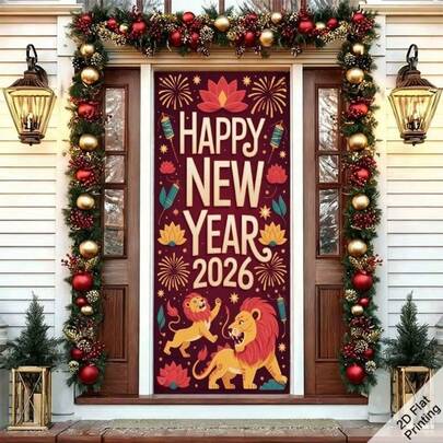 2D Polyester New Year Door Banner, 1pc 2026 Happy New Year Dance Door Cover & Photo Prop - Traditional Chinese New Year Decor, With Red & Lion, Fireworks, Double-Sided Numbers, Suitable For Wall, Party, Home Gathering, Wedding (Banner), 2D Flat