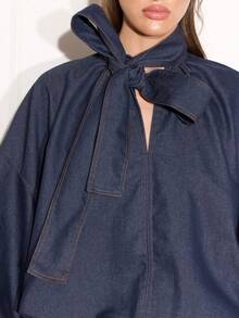 Women's Western Denim Shirt Loose Bow Tied Neck Extra Large Bubble Sleeves Denim Loose Sleeves Pullover Tops - 藍色 - 查看 6