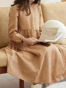 女童格子长袖休闲连衣裙，宽松版型，甜美风格，适合春秋季派对礼物 - 橘色 - 查看 3