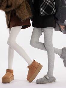 1pc 200G Seamless Grey Fine Ribbed Thermal Lined Leggings, High Waist Slimming, Thick Warm Tights For Women, Autumn/Winter - 200G-thin Fleece - View 6