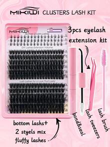 276Pcs D Curl Lash Clusters DIY Kit With Bottom Lashes, Bond, Seal, Tweezers, Brush. Mixed Length 60D-120D Individual False Lashes, Fluffy, Wispy, Soft, Lightweight, Reusable, Easy Apply, Beginner Friendly, Daily Party Wedding Makeup - 黑色 - 查看 2
