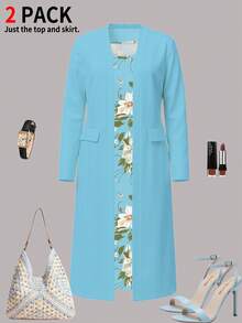 2pcs Plus Size Women's Solid Color Minimalist Faux Pocket Mid-Length Cardigan & Sleeveless Ditsy Floral Dress Set, Elegant & Casual Style, Suitable For Spring To Summer Occasions Like Valentine's Day, Ramadan, Evening Dates, Beach Photos, Vacation, Weddings, Holidays, And Daily Commute - Baby Blue - View 5