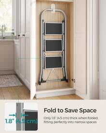 Step Ladder, 3-Step Ladder, Folding Ladder, Safety Lock, Space-Saving Storage, Holds Up To 150 Kg, Grey - Grey - View 2