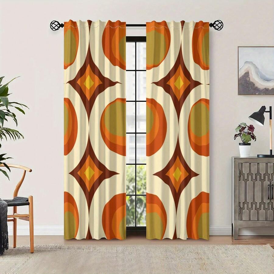 ZLIENSZUS 70s Mid-Century Modern Blackout Curtains - Elegant Retro Design With Geometric Shapes, Beige & Orange Accents, Machine Washable Polyester For Living Room & Bedroom Decor, Curtains For Living Room, Cozy Home Enhancement, Stylish Window, Durable Fabric - Nhiều màu - Xem 1
