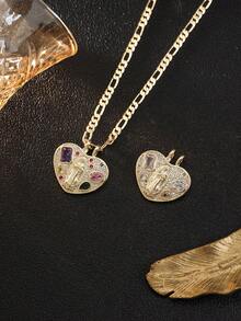1pc Stainless Steel Chain With Cubic Pendant, Decorated With 3D Colorful Crystal Heart Design | Vintage Fashionable Minimalist Unisex Necklace, Suitable For Couples Everyday Wear Or Street Party Occasions - Gold - View 7