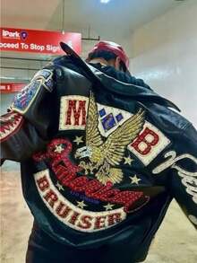 Pelle Pelle Palace Hip Hop Flying Suit Eagle Embroidered Men's And Women's Jacket Jacket Leather Jacket - 黑色 - 查看 1