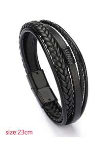 1pc European & American Style Zinc Alloy Black Magnetic Clasp Black PU Leather Bracelet, Fashionable For Men - Black - View 4