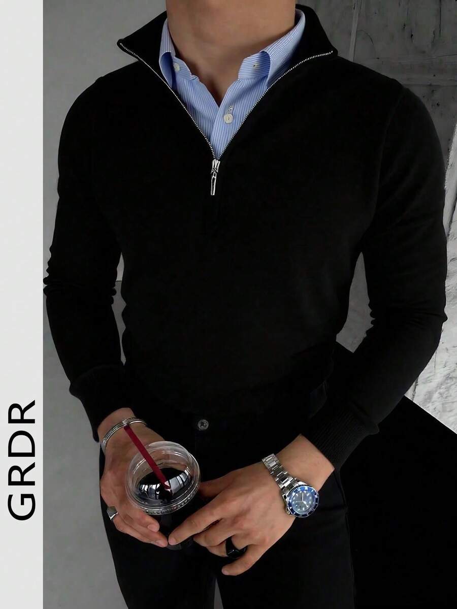 GRDR Men's Casual Long Sleeve Half-Zip Pullover Sweater, Versatile For Daily Wear - Black - View 1