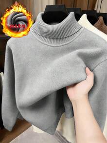 1pc Men's Casual Sports Comfortable Thermal Lined Turtleneck Sweater, Slim Fit, Suitable For Home And Outdoor Activities, Can Be Gifted To Couples, 100% Polyester Material, Available In Multiple Colors - Grey - View 3