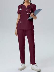 V-Neck Pocket Short Sleeve Top And Pocket Pants 2pcs Scrub Uniform Set - Redwood - View 3