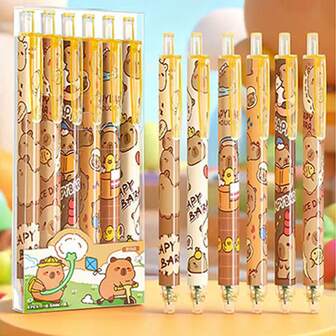 16pcs Set - Cute Capybara Themed Ballpoint Pens, 0.5mm Retractable Black Ink, Suitable For School And Office, Smooth Writing And Quick-Drying