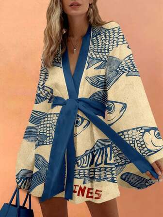 Starfish Bohemian Style Casual Vacation Beach Dress, Tropical Fish & Letter Print Long Sleeve Cardigan & Mini Skirt Brunch Outfit, Random Pattern, Each Piece Is Unique, Autumn/Winter