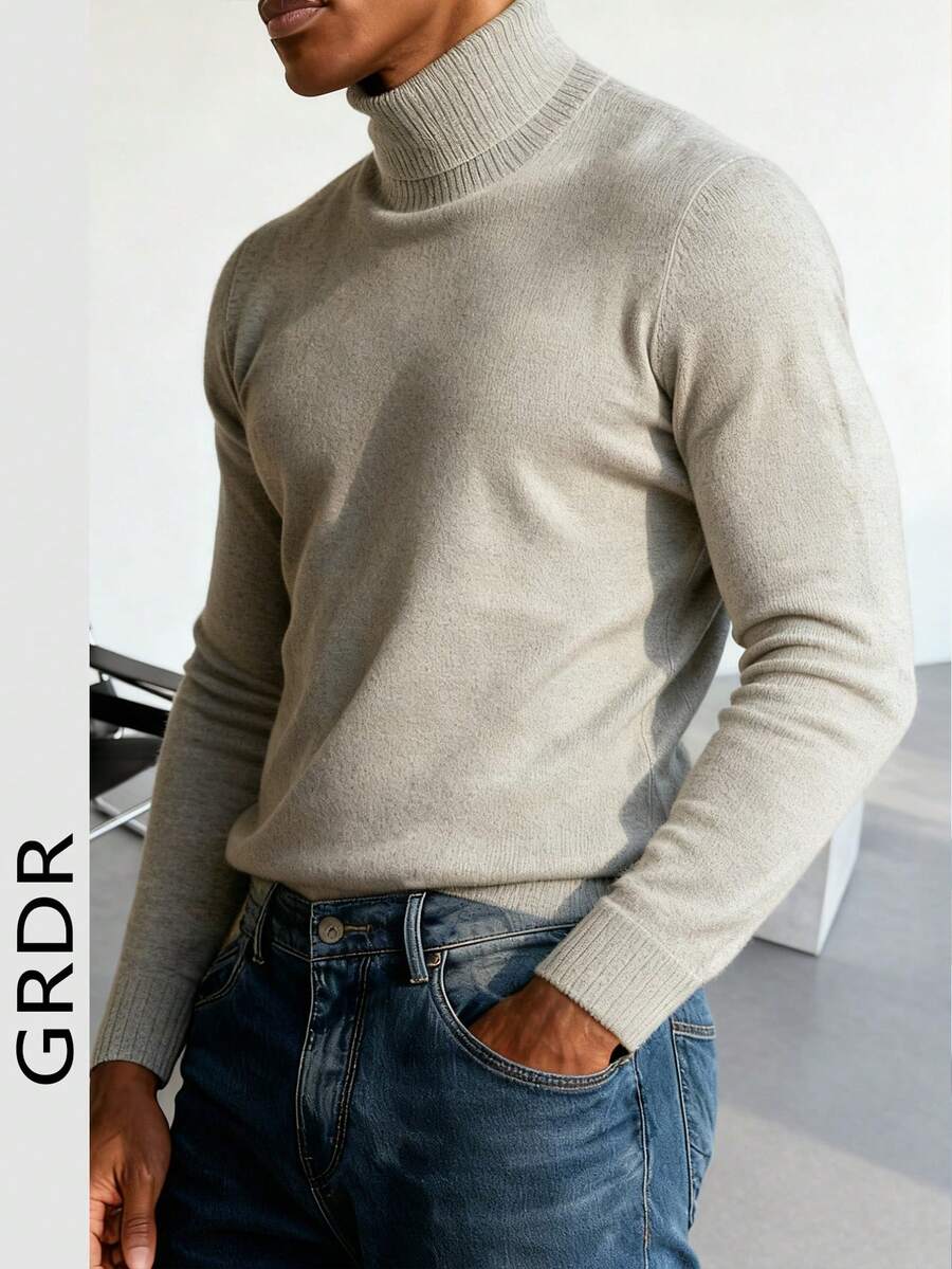 GRDR Men's Turtleneck Long Sleeve Knit Sweater, Versatile For Daily Wear - Light Grey - View 1
