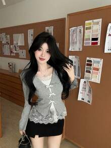 女士蕾丝拼接蝴蝶结修身长袖衬衫 - 灰色 - 查看 5