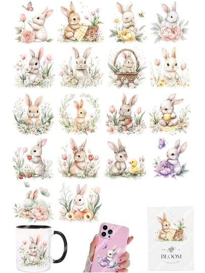 3pcs Spring Rabbit & Floral Easter Bunny DIY UV DTF Transfer Stickers, Suitable For Crafts, Journals, Glass Cups, Coffee Mugs, Vases, Laptops, Phone Cases, Greeting Cards, Illustrations, Scrapbooks, Decorative Transfers, Home Decor, 2.7 Inch