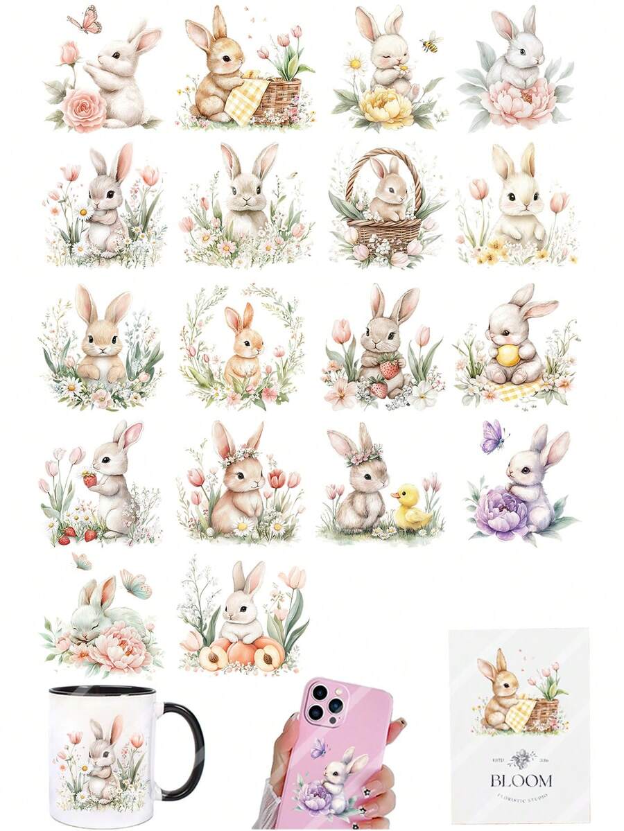 Conjunto de 3 adesivos de transferência UV DTF com coelho da primavera e coelhinho da Páscoa com estampa floral, ideais para artesanato, cadernos, copos de vidro, canecas de café, vasos, laptops, capas de celular, cartões de felicitações, ilustrações, álbuns de recortes, transferências decorativas e decoração de casa. 6,8 cm (2,7 polegadas) - Multicolorido - Ver 1