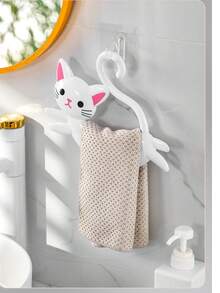 1pc Adorable Cat Cartoon Towel Holder - Easy Install, No-Drill Wall-Mounted Rack With Non-Marking Adhesive, Perfect For Bathroom & Kitchen, Black & White Options, Towel Holder For Bathroom - White - View 8