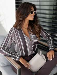 Casual Commuter Contrast Stripe Button Pocket Shirt - Coffee Brown - View 3