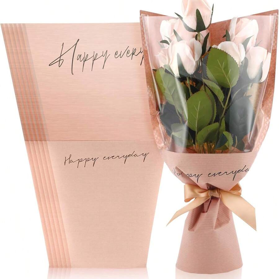 20 Pcs Pink Flower Wrapping Bags 11 X 5.1 X 17.3in Kraft Paper Flower Sleeves For Bouquet Clear Flower Wrapping Paper Multiple Flower Packaging Bag For Mother's Day Anniversary Wedding - Dusty Pink - View 1