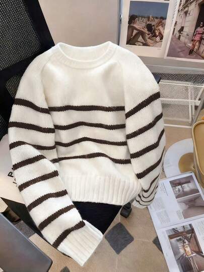 Women's Casual Striped Colorblock Round Neck Loose Knit Sweater, Long Sleeve, Autumn/Winter