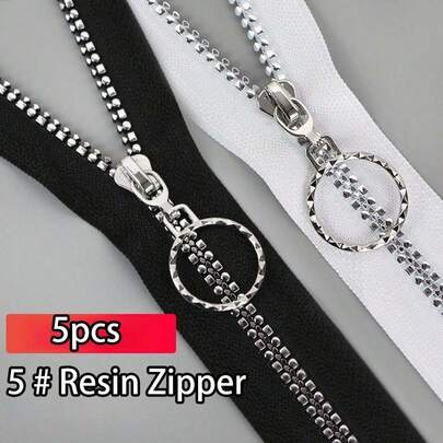 5pcs #5 Silver Square & Round Teeth Separating Zippers, Self-Locking Zippers With Silver Plated Teeth For Clothing, Bags, DIY Sewing Accessories