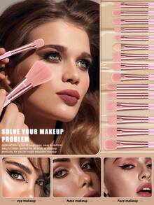 46pcs Makeup Brush Set Combo, Includes Powder Brush, Blush Brush, Foundation Brush, Eyeshadow Brush, Makeup Sponge, Eyelash Curler, Makeup Bag, All-In-One Makeup Tool Kit For Daily Facial Use - Pink - View 4