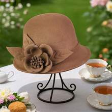 Sombreros de fieltro de mujer con diseño de flor grande decorada, sombrero fedora de unicolor para fiestas y ocasiones especiales - Caqui - Ver 5