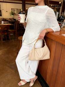 女士街头休闲简约性感圆领不对称披肩镂空针织上衣短袖网眼针织衫沙滩罩衫轻薄套头披肩半蝙蝠袖宽松衬衫，春夏秋季白色 - 白色 - 查看 1