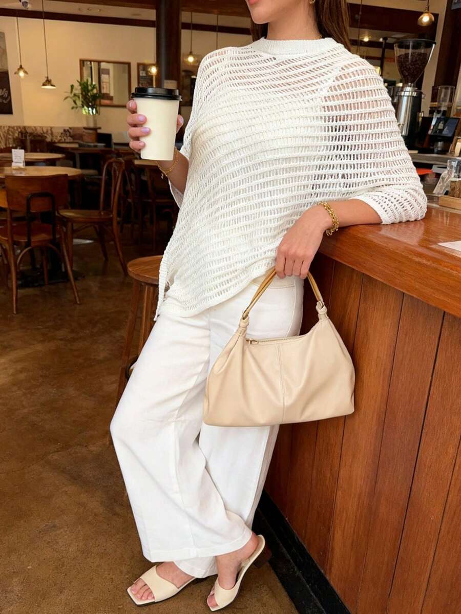 女士街头休闲简约性感圆领不对称披肩镂空针织上衣短袖网眼针织衫沙滩罩衫轻薄套头披肩半蝙蝠袖宽松衬衫，春夏秋季白色 - 白色 - 查看 1