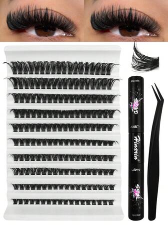 180片D型卷翘DIY睫毛嫁接套装，超柔软浓密单簇睫毛，80D长度，8-16mm混合蓬松簇状假睫毛套装，含睫毛胶和镊子，适合初学者美妆睫毛嫁接。