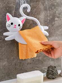 1pc Adorable Cat Cartoon Towel Holder - Easy Install, No-Drill Wall-Mounted Rack With Non-Marking Adhesive, Perfect For Bathroom & Kitchen, Black & White Options, Towel Holder For Bathroom - White - View 4