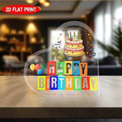 1pc 10cm Acrylic Birthday Party Decor, Colorful Cake & Balloon Pattern With "Happy Birthday" Text, Suitable For Home, Office Or Party Decoration. Party Decor | Celebration Theme Design | Vibrant Printed Quality. Birthday Party Decoration.