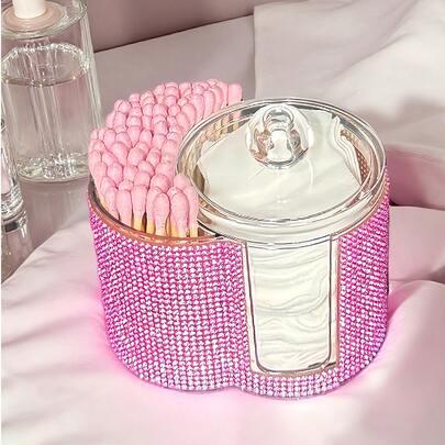 2-In-1 Rhinestone Plastic Storage Box, Tabletop Makeup Organizer Box With Dual Round Compartments - Modern Vanity Organizer With Lid, Bathroom Vanity Tidy For Makeup Brushes, Lipsticks, Beauty Tools,Room Decor