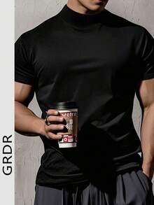 GRDR Men's Fashionable Mock Neck Short Sleeve T-Shirt | Exquisite Design | Summer Essential | Easy To Match | Showcase Your Style - Hitam - View 5