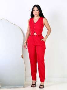 Women's Tailored Skinny Pants Set - Red - View 1