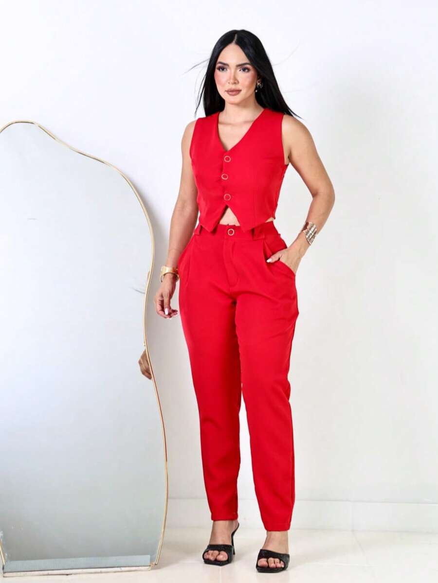 Women's Tailored Skinny Pants Set - Red - View 1