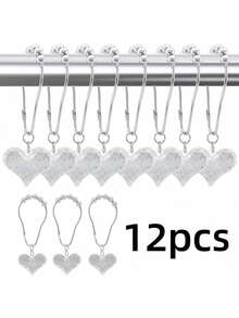 12 piezas Ganchos para cortina de ducha, decoración con corazones brillantes, anillos para cortina de ducha resistentes al agua y al óxido, ganchos para cortina de ducha de metal resistente, adecuados para baño, dormitorio, sala de estar, porche, cocina, excelente para el Día de San Valentín, Galentine's Day, Ramadán - Plateado - Ver 8