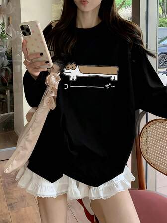 女士宽松日式猫咪印花长袖纯棉T恤，春秋季百搭
