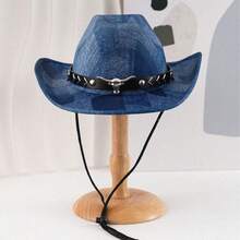 Sombreros de vaquera occidentales de mezclilla para adultos, modernos y clásicos, con ala ancha y cabeza de toro, para viajes al aire libre. - Azul - Ver 5